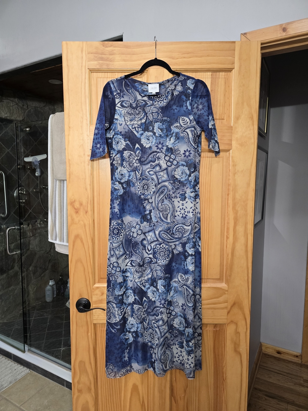 Johnny Was Navy & Light Blue Paisley Floral Mesh Midi Dress